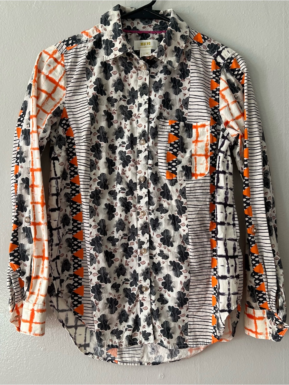Anthropologie Geometric Floral Button-Down Shirt in White, Black & Orange
